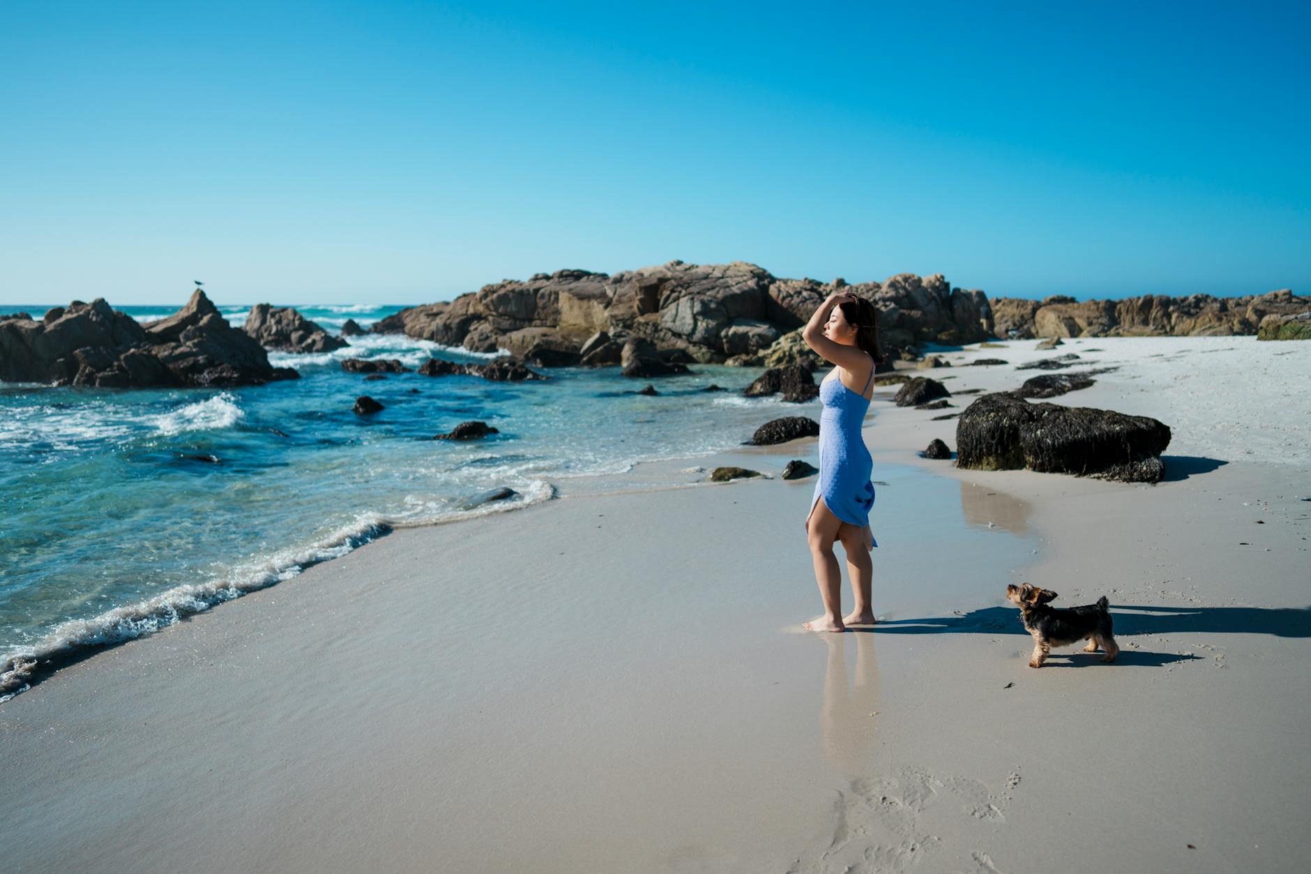 woman in a blue dress with a small dog standing on the beach