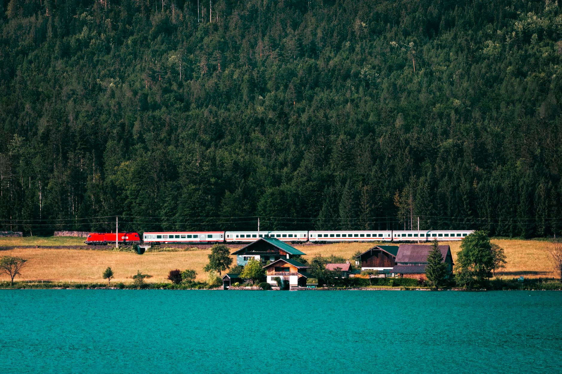 train passing a lake