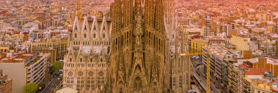 stunning aerial view of sagrada familia at sunset