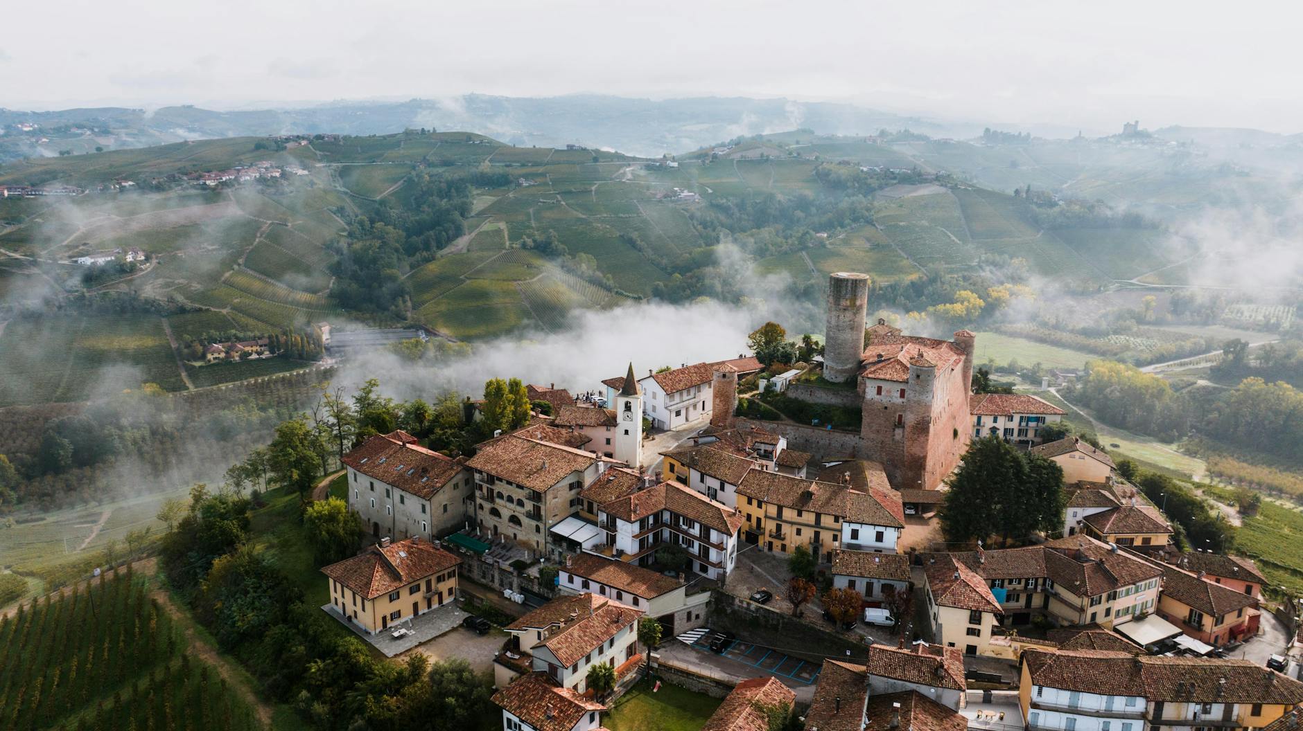 aerial view of castiglione falletto piedmont italy