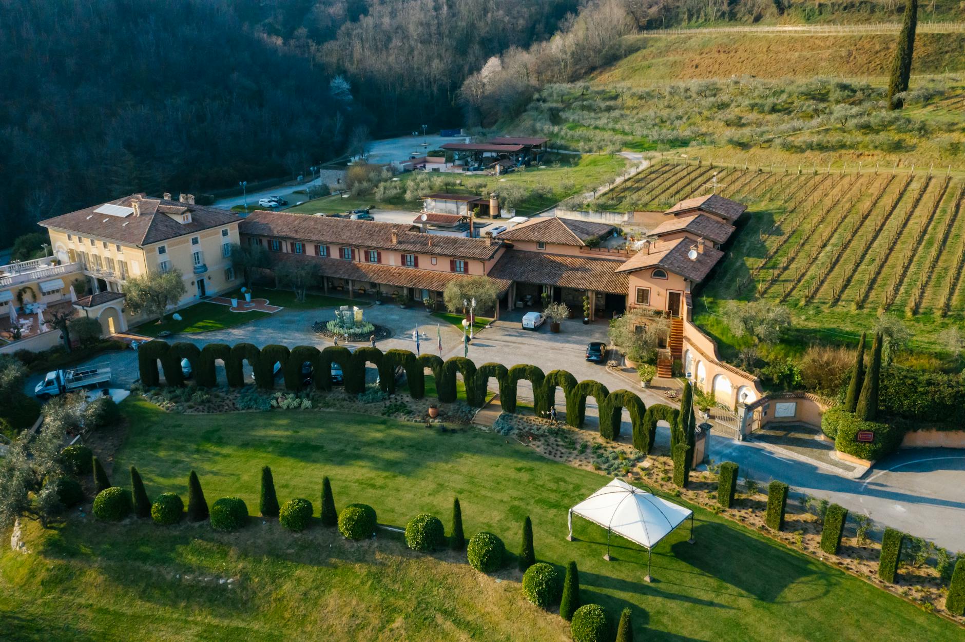 aerial view of a brown concrete building